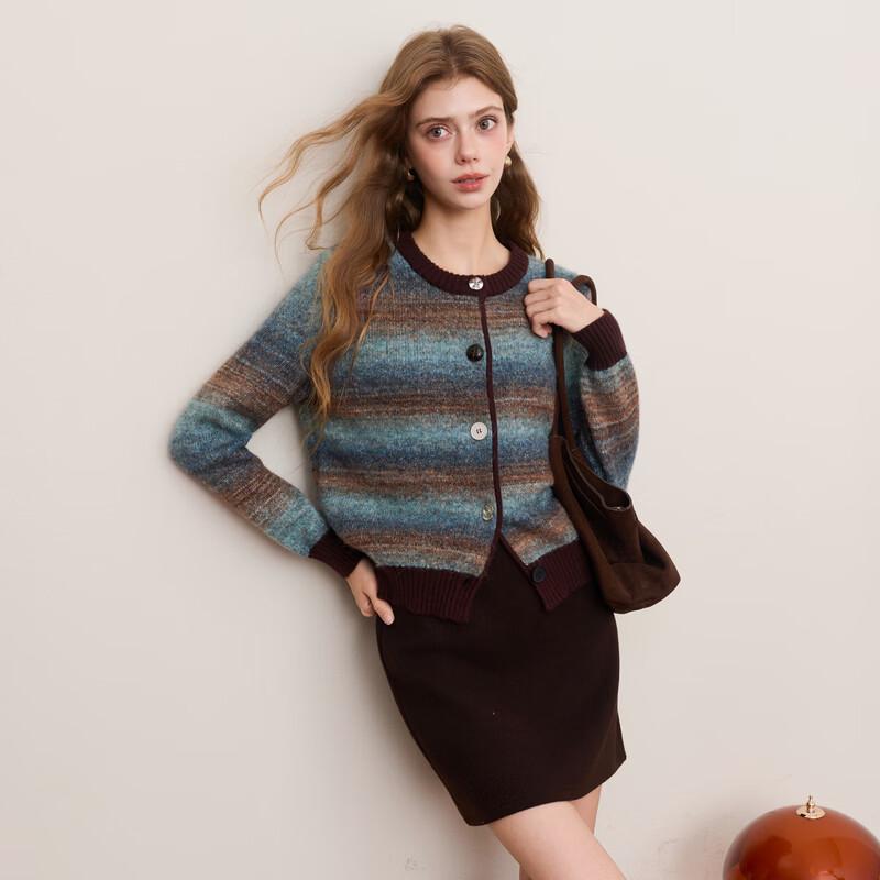 Sancai Winter Gradient Striped Button-Up Knit Cardigan