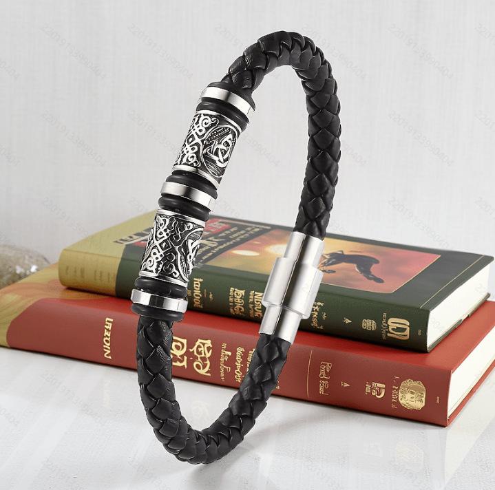 Vintage Viking Style Engraved PU Leather Bracelet Men's Wristband Accessory
