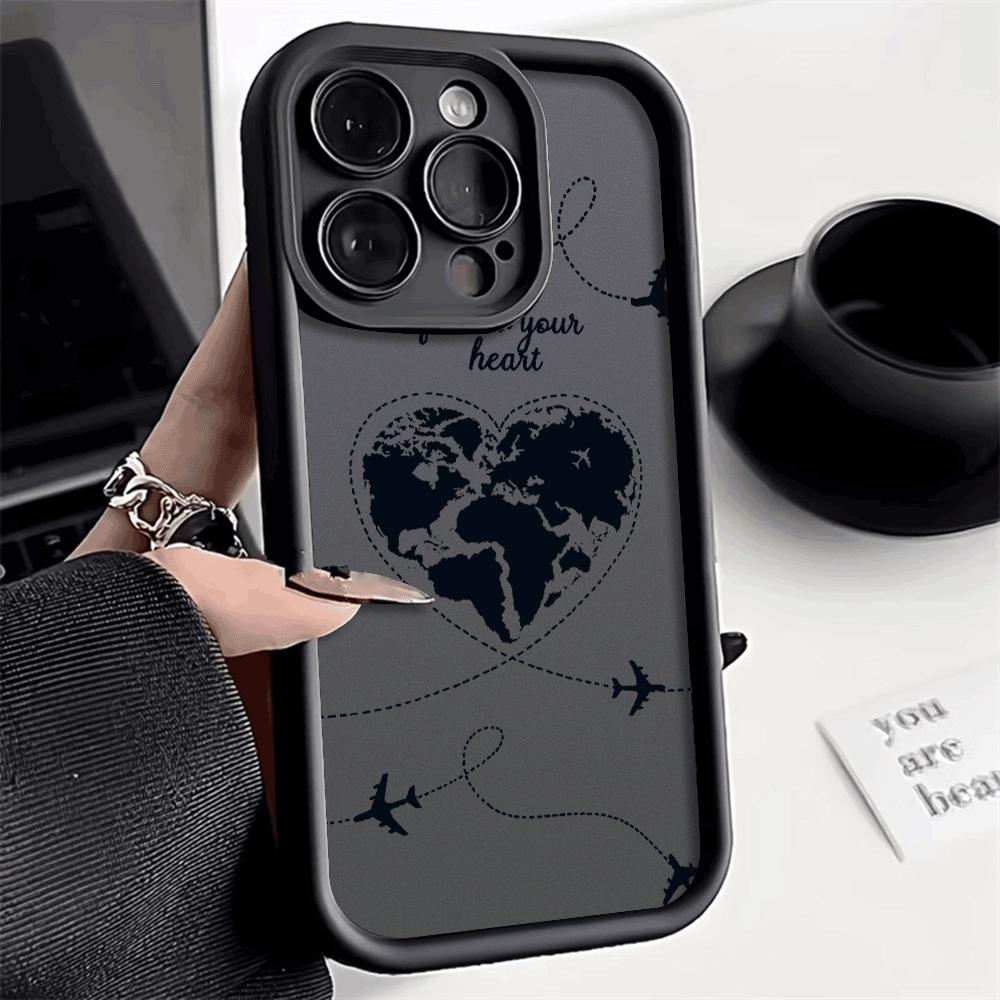 Heart-shaped World Map with Planes Shockproof Phone Case for Xiaomi Redmi Note 14 13 12 11 10 9 8 7 Pro Anti-Slip Soft TPU Cover