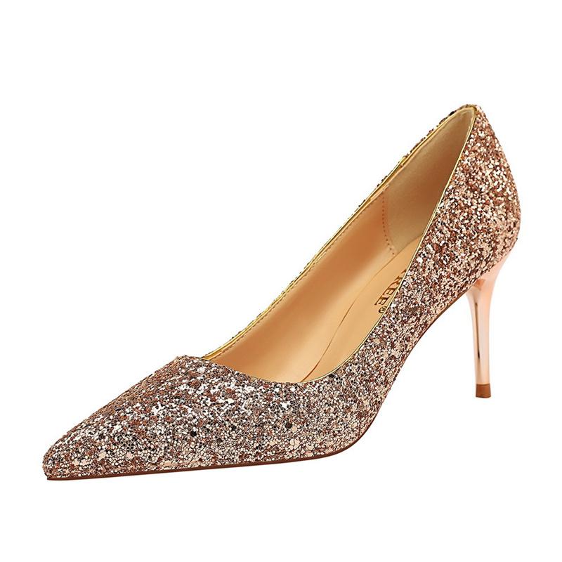  Women Fashion Pointed Toe Thin High Heels Sequins Glitter Luxury Designer Pumps Wedding Bridal Gold Valentine  Shoes