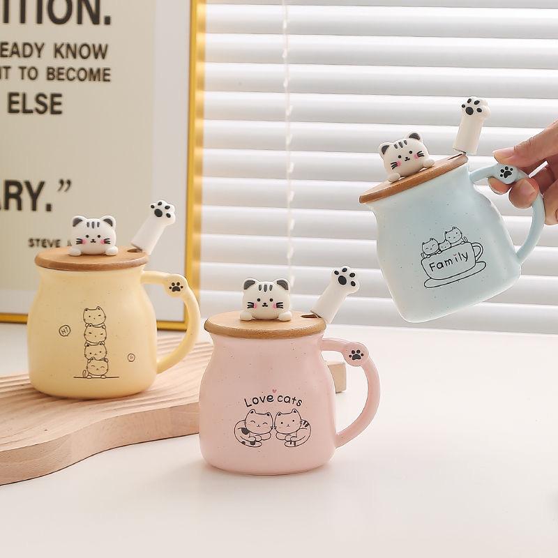 Cute Cartoon Cat Ceramic Mug with Lid and Spoon – Breakfast Coffee Cup