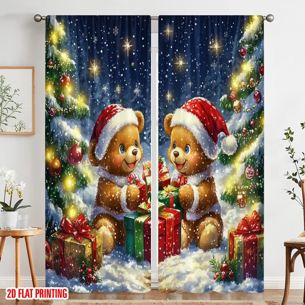 2pcs,2D plane printing Popular Curtains Christmas Bear (2) Versatile Polyester Fabric (without rod) Outdoor Decorations Ldeal