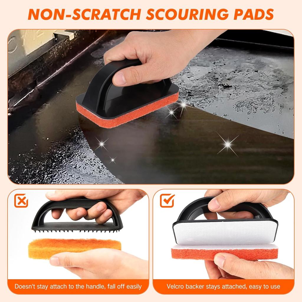 Griddle Cleaning Kit for Blackstone 13 Piece- 2 Stainless Steel Cleaning Scrapers, 10 Scouring Pads and 1 Handle, Cleaning Accessories for Blackstone