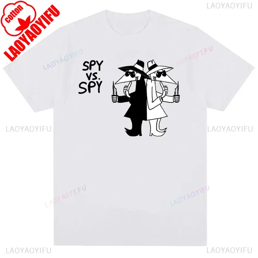 Mens Spy Vs Spy Graphic T Shirt Summer Cotton Crew Neck Retro 80s Cartoon Print Funny Humorous Vintage Style Fashion Tee Shirts