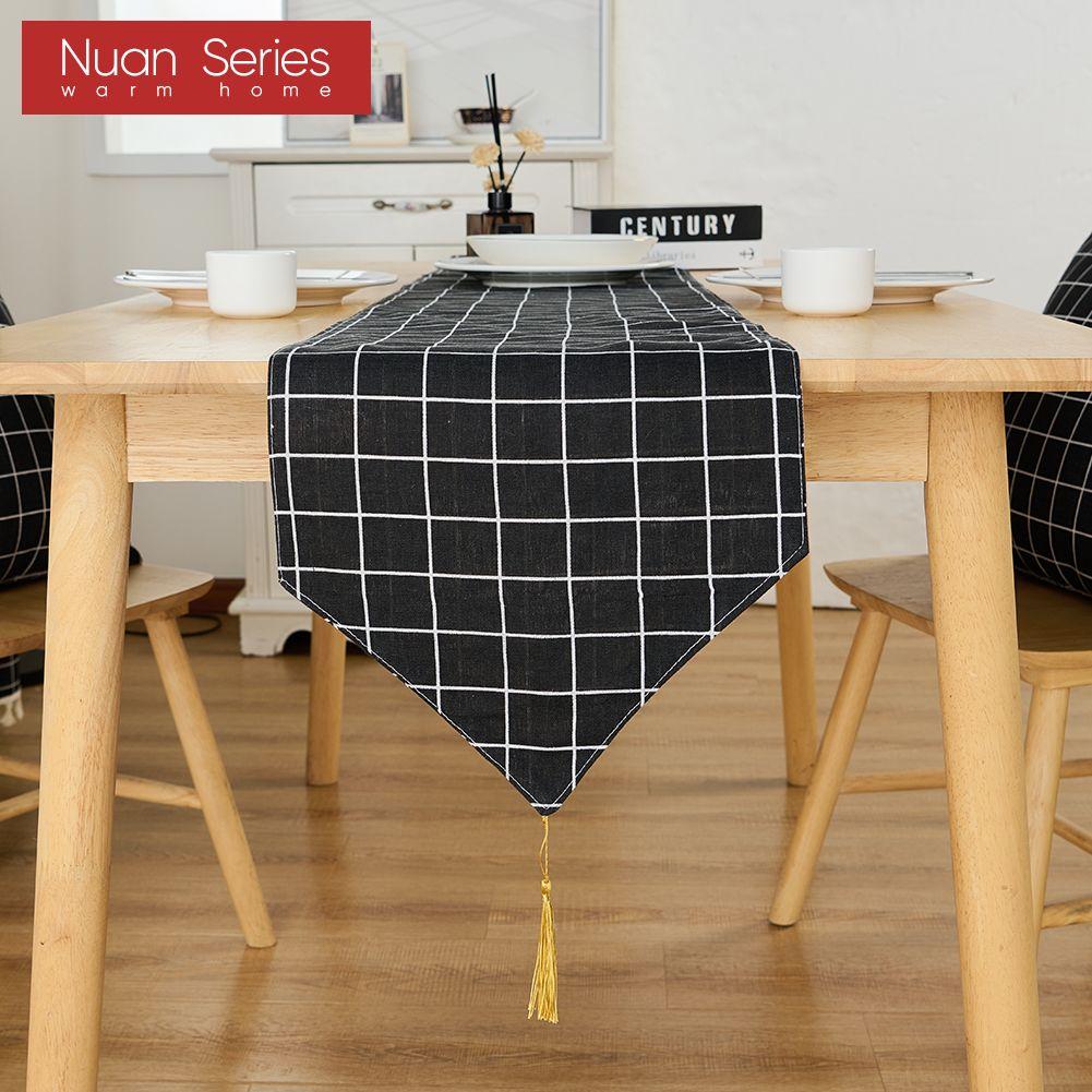1PC Nuan Series Simple and Versatile Black Checkered Printed Cotton Linen Table Runner for Dinner Table Decor Kitchen for Home Table Home Decor