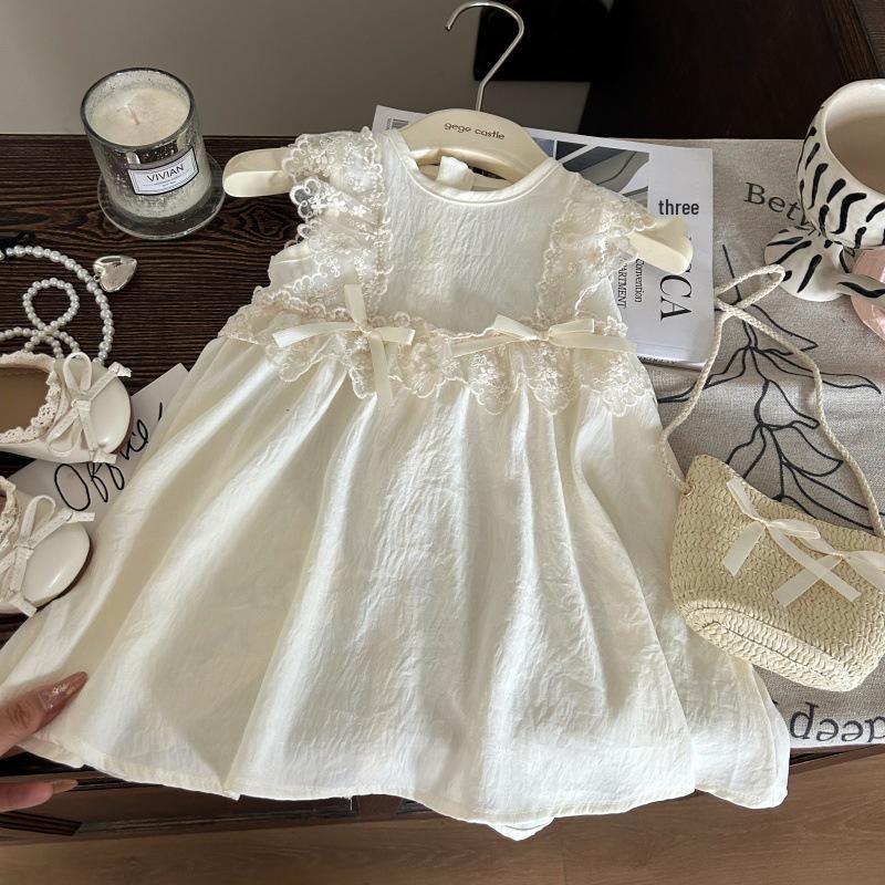 Final Sale: No Returns - Girls' Summer Princess Dress with Lace Trim & Bow