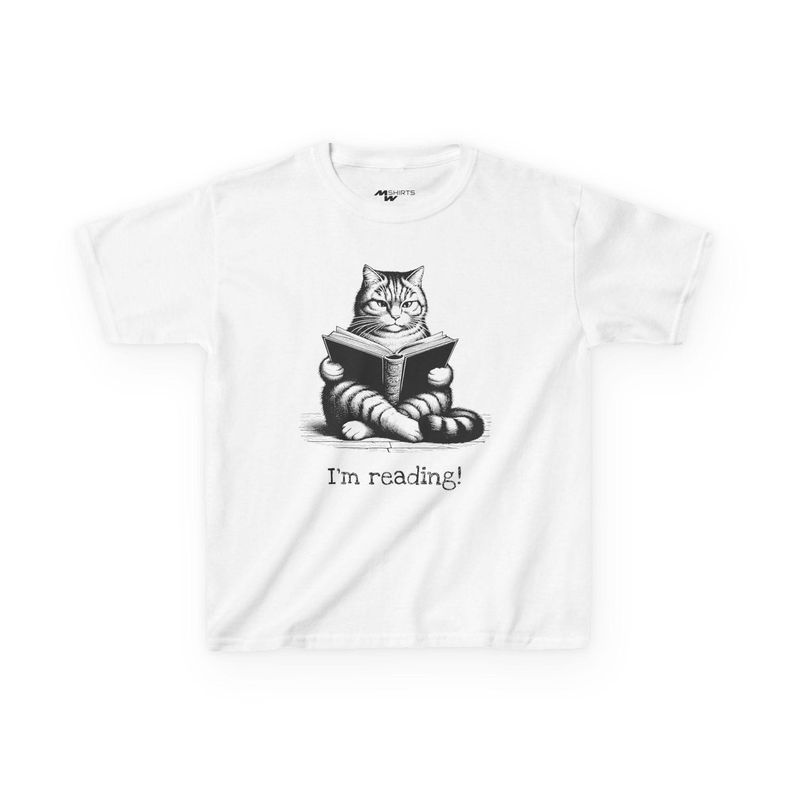 Kids Reading Cat T-Shirt: Vintage Style Bookworm Tee M