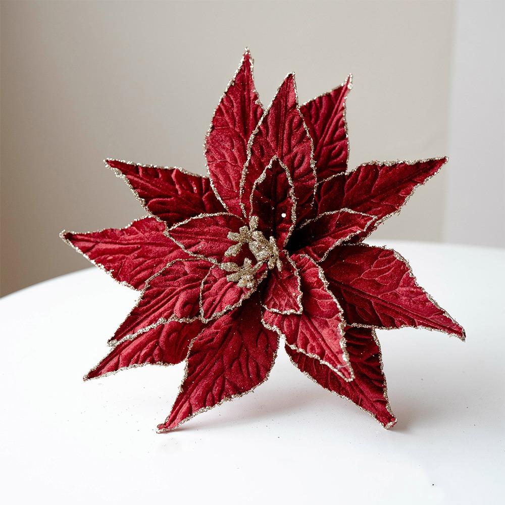 Handmade Flocked Poinsettia Floral 3 Layer Fake Flowers  Pick  Photo Props