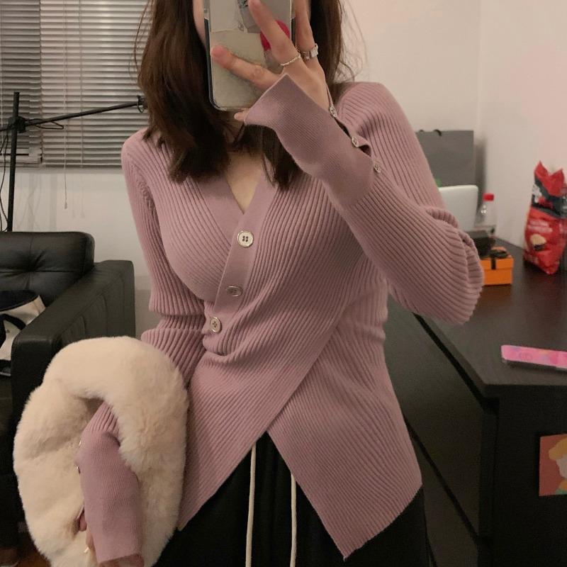 Autumn Long Sleeve Casual V-neck Pullovers Sweaters Women Chic Cross Slim Fit Women's Knitted Sweater Tops Elegant Solid Fashion Winter Jumpers 25667