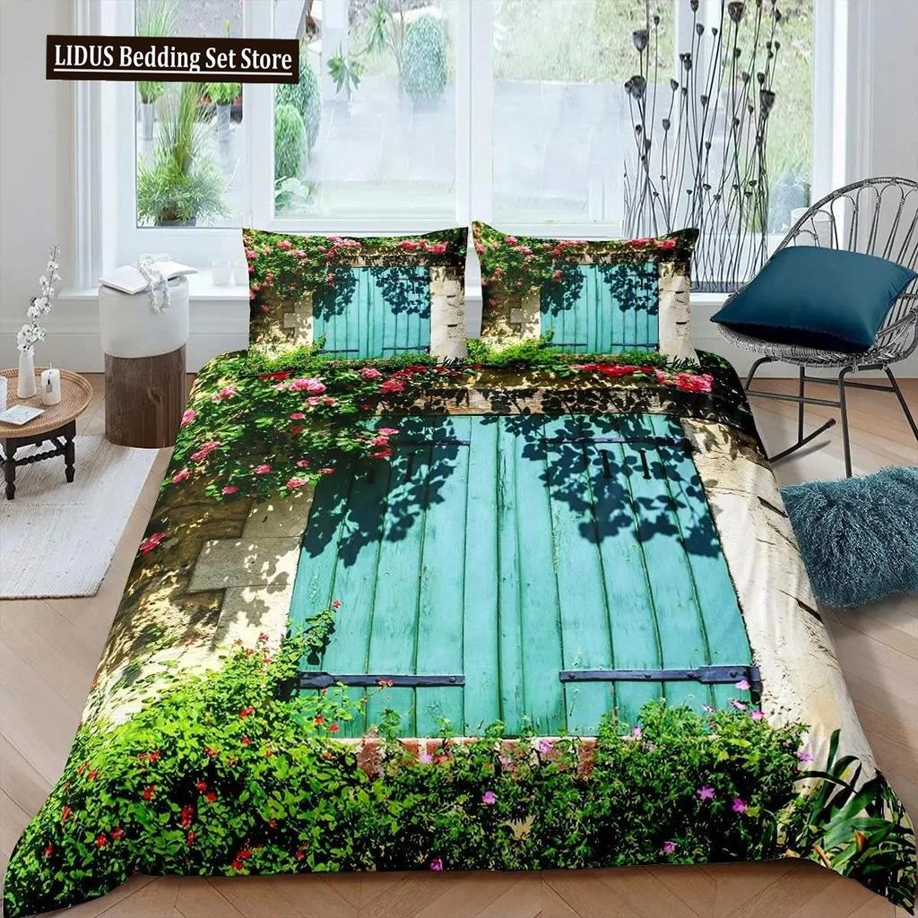 Wood Barn Door Duvet Cover Set Western King Size Rustic Bedding Set Wooden Board Farmhouse Country Style Polyester Quilt Cover