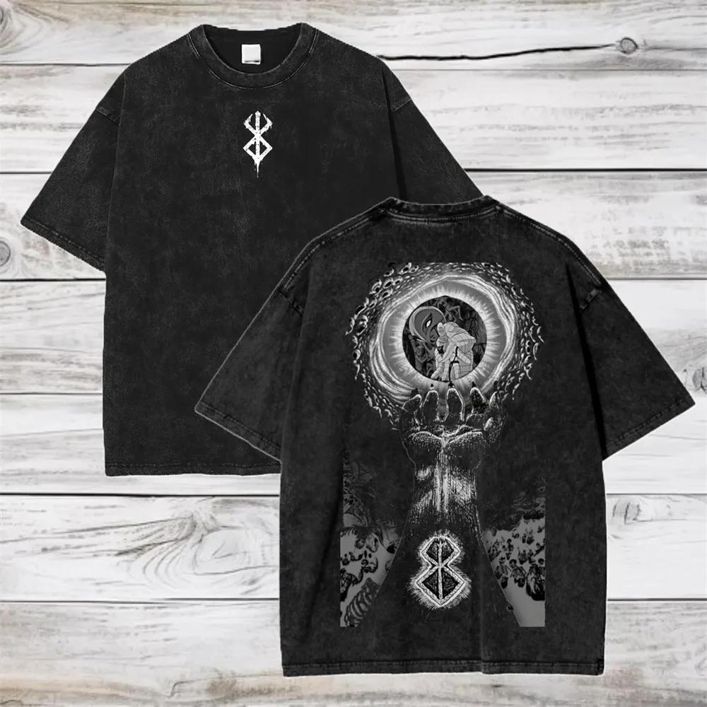 Anime Berserk Cotton TShirt Hip Hop Streetwear T Shirt Guts Washed T-Shirt Summer Men Casual Loose Short Sleeve Harajuku