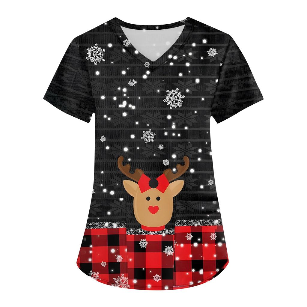 Vêtements de travail à manches courtes et col en V pour femmes avec poches et hauts imprimés de Noël