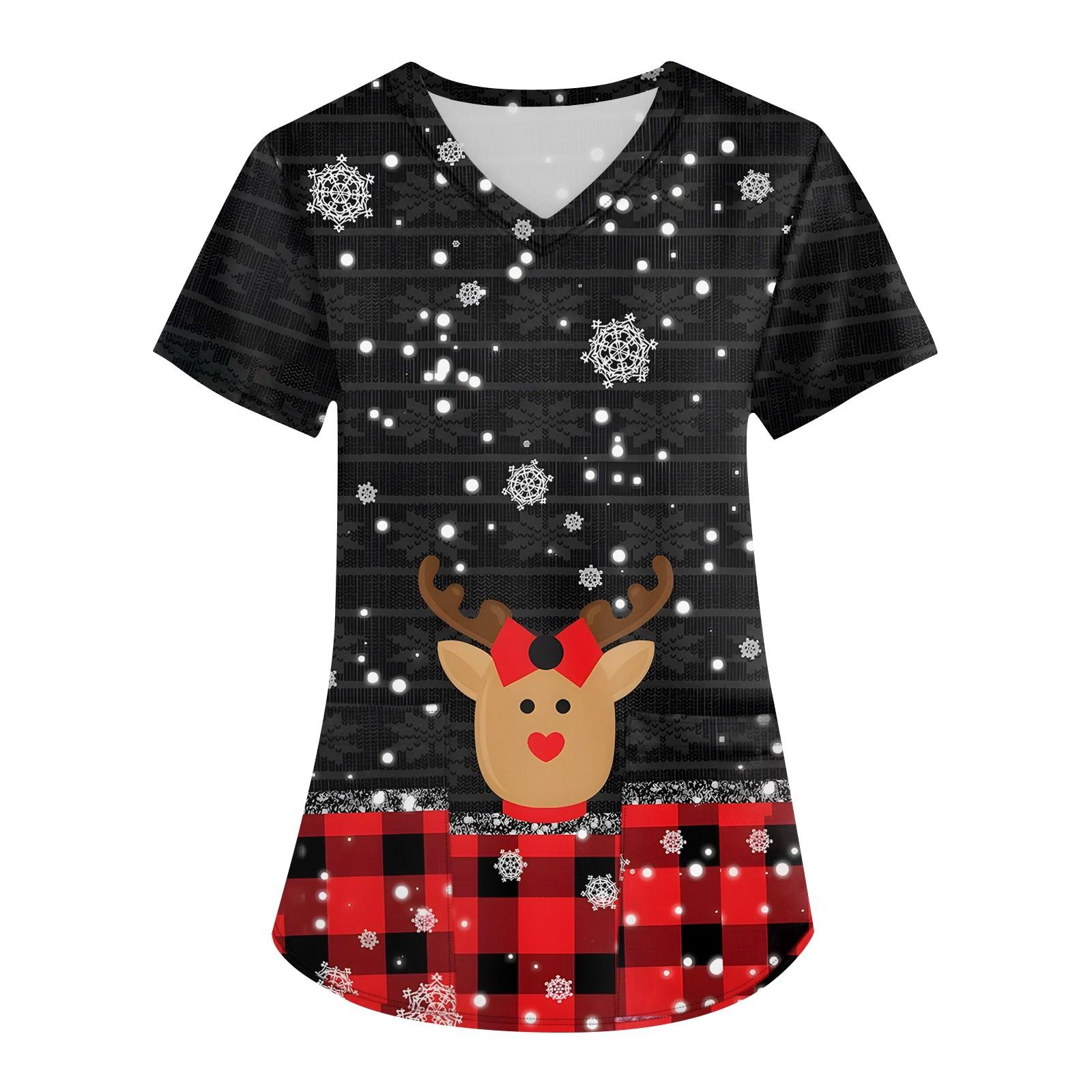 

Женская мода с v-образным вырезом, короткими рукавами и карманами, топы с рождественским принтом L красный