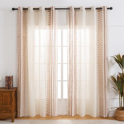 63 Inches Long Farmhouse Curtains for Living Room Vintage Floral Striped Textured Linen Curtains Boho Embroidered Cottage Curtai