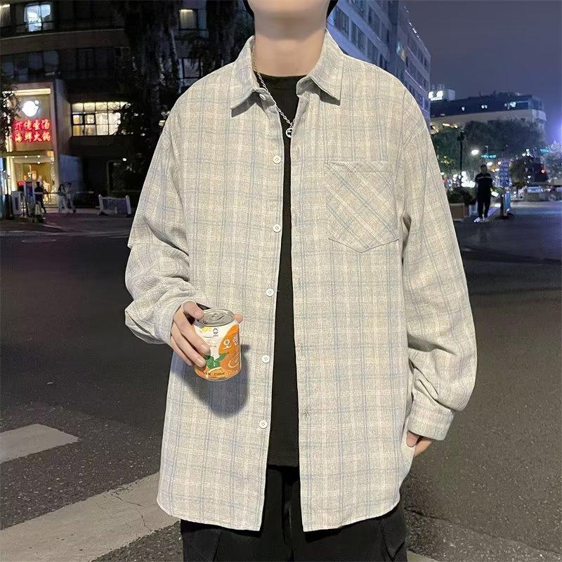 Autumn Shirt Men'S Korean Style Trendy Loose Checkered Shirt Jacket Long Sleeved Top