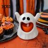 Battery Powered Halloween Lamp Ghost Candle Holder with LED Candle, Cute Tea Light Durable Statue Holder, Spooky Tabletop Decoration for Indoor