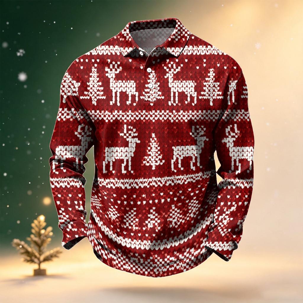 Men's Golf Shirt Long Sleeve Casual Christmas Print Quick-Dry Mesh Top