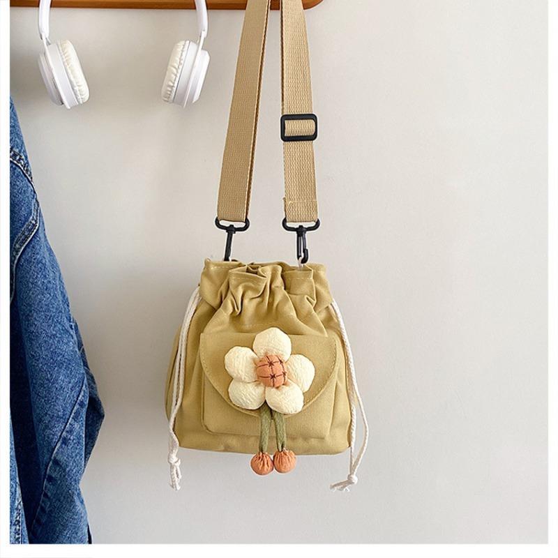 Cute Girl Crossbody Bag Casual Shoulder Bag Women Japanese Minimalist Drawstring Bucket Bag New Floral Design