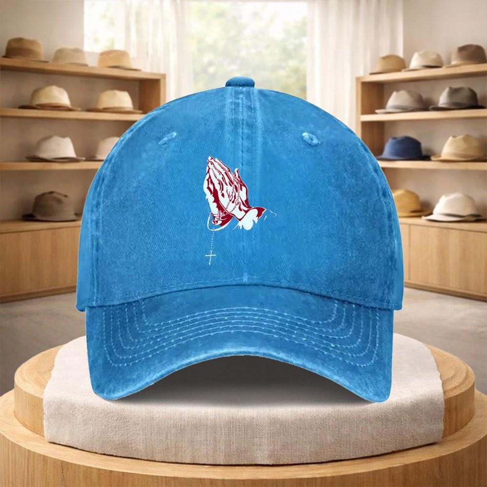 Praying Hands Cross Washed Denim Baseball Cap Adjustable Strap Vintage Streetwear Hat
