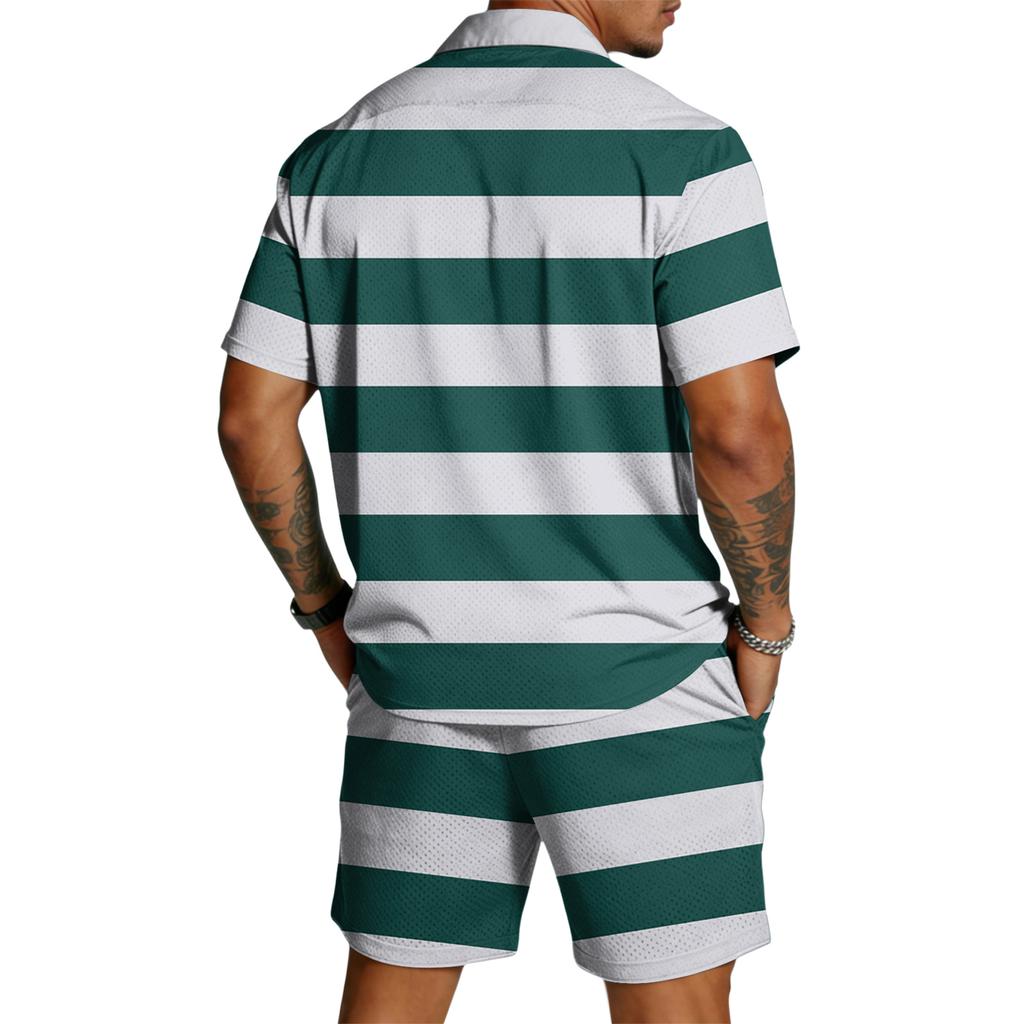 Men Short Sleeve Button Down Shirt and Shorts Set Casual Striped Print Two Piece Outfit Lightweight Breathable Fabric