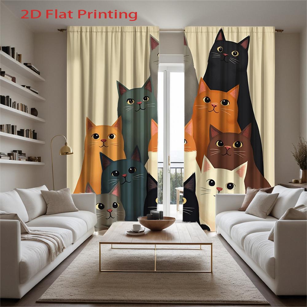 2D Flat, 2Pcs, 2D Flat Printing Curtains, Multicolored Cats Pattern. Home Decor Animal Themed Soft Colorful Rod Pocket Sheer Fab