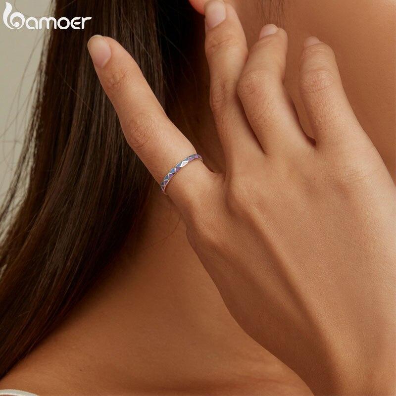 BAMOER New 925 Sterling Silver Simple Contrast-Color Ring Size 6 7 8 for Women Violet Bohemian Style Ring Fine Jewelry Anillo