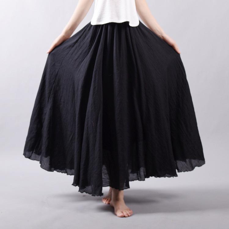 Women's Elegant High Waist Linen Maxi Skirt Summer Ladies Casual Elastic Waist 2 Layers Skirts Saia Feminina