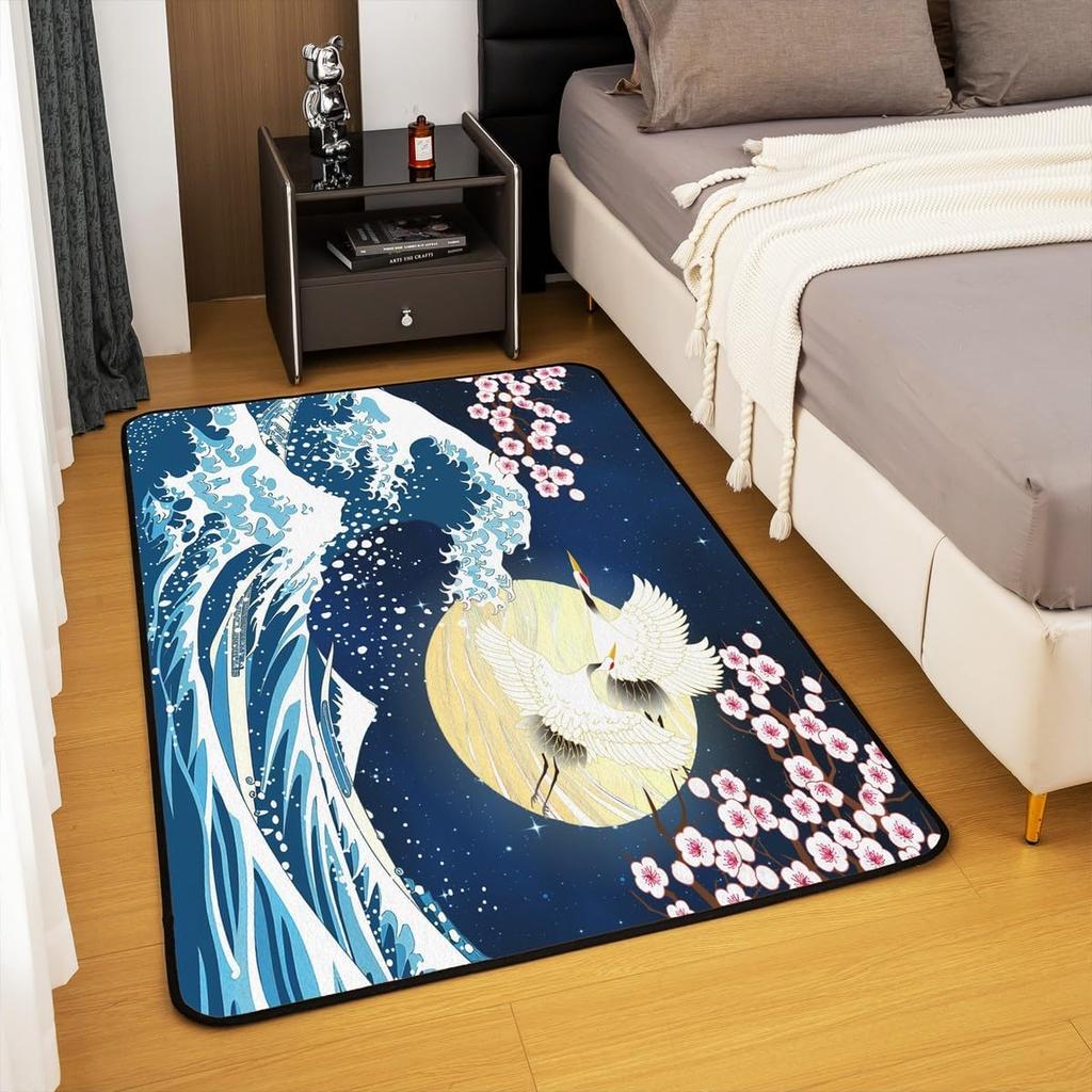 Japanese Ukiyo-e Great Wave Crane & Cherry Blossom Print Area Rug, Non-Slip Floor Mat for Living Room Bedroom Home Decor Carpet
