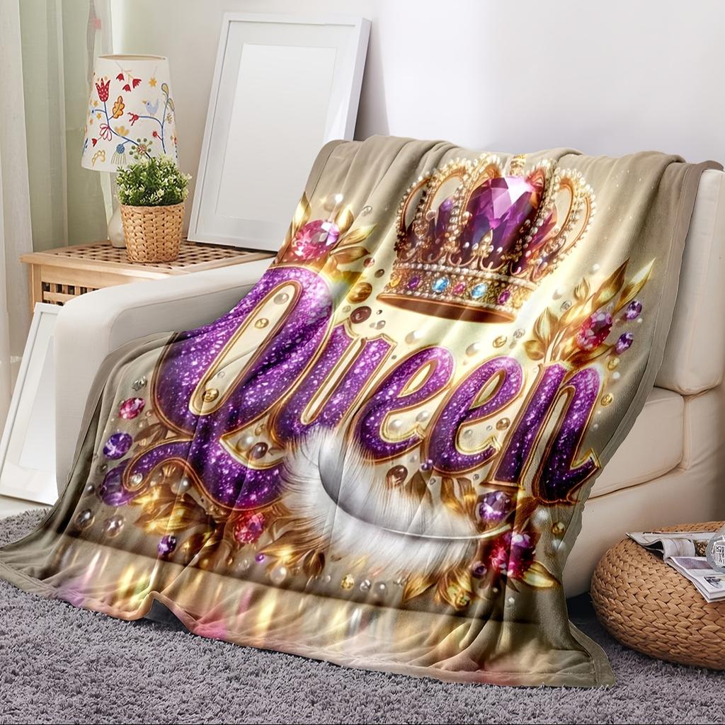 Contemporary Queen Crown Print Flannel Throw Blanket, Soft Warm Knitted Polyester Throw for Sofa, Office, Bed, Camping, T
