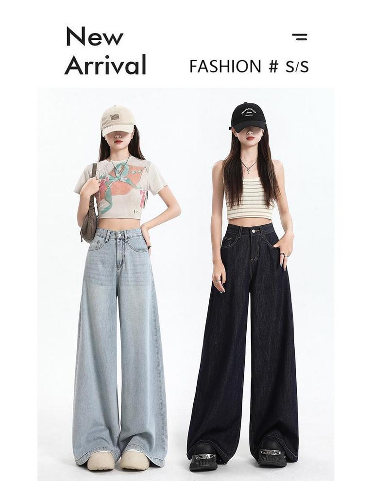 Women's Blue Wide-Leg Loose Fit Jeans - 2024 Summer Casual Floor-Length Pants