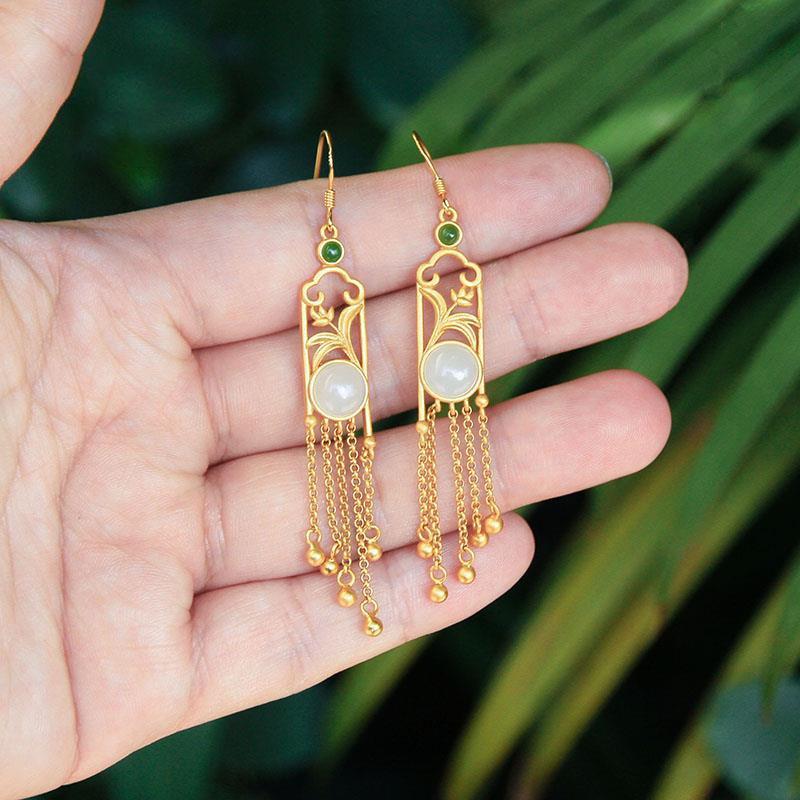 New Design Natural Hetian White Jade Round Magnolia Fringed Long Earrings Chinese Bright Retro Ladies Brand Jewelry