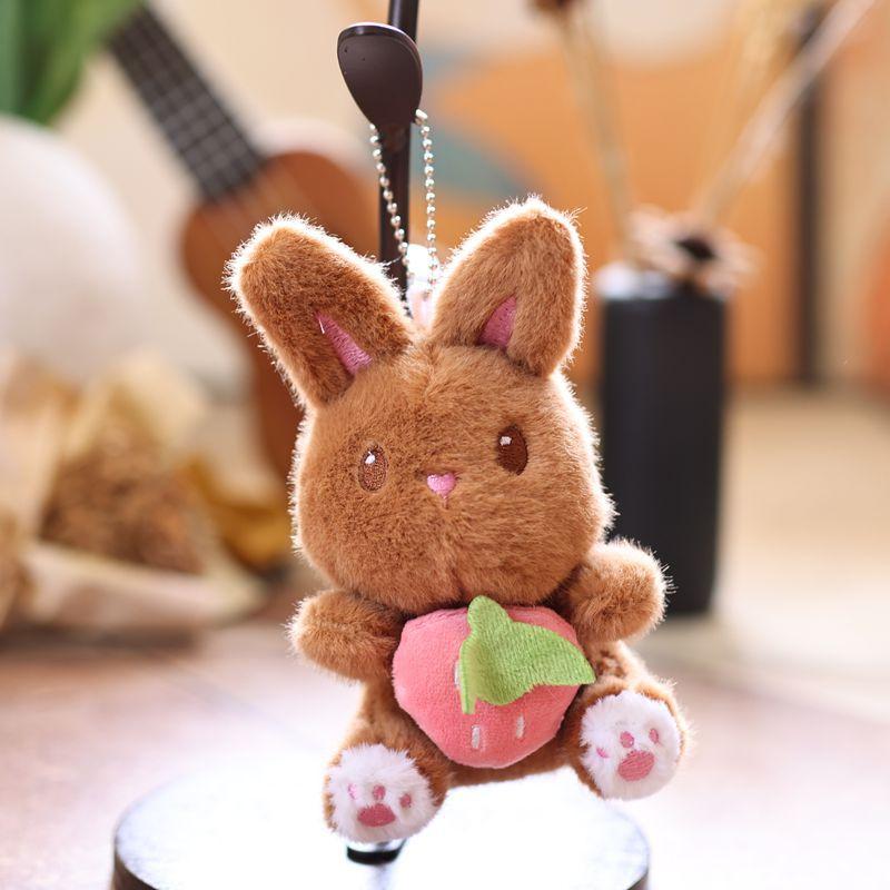 Cute Strawberry Bunny Plush Keychain Cartoon Stuffed Doll Keyring Student Bag Pendant Backpack Hanging Decoration Gifts
