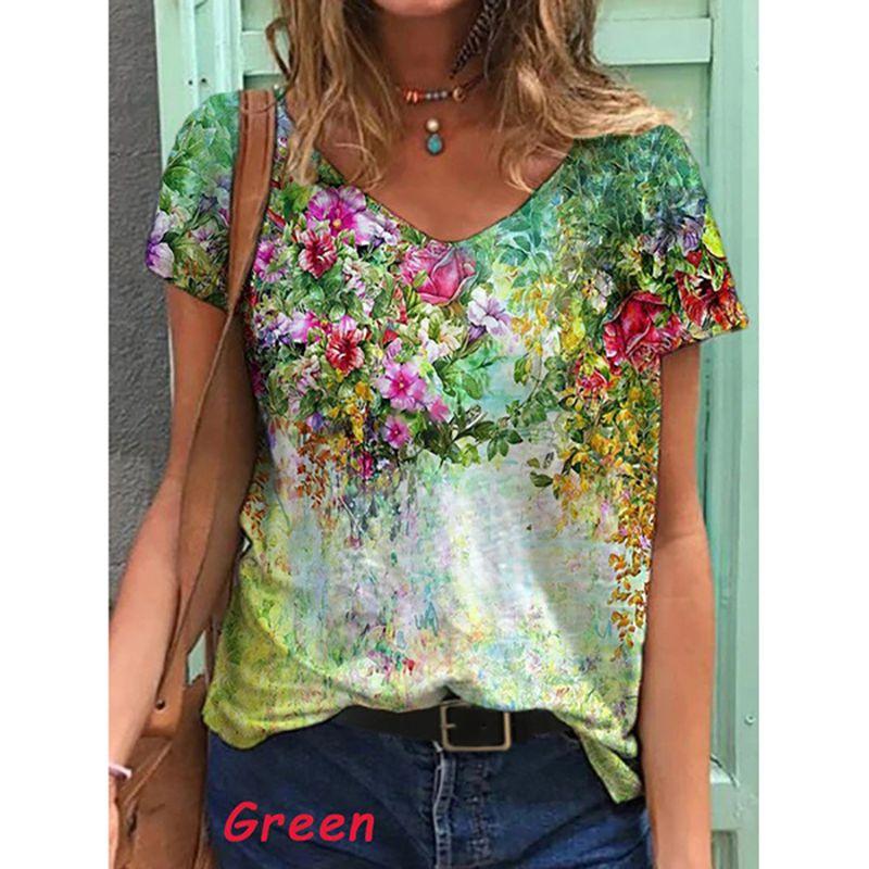 Comfortable Womens V Neck Short Sleeve Blouse Casual Floral Print T-shirt Tunic Tops