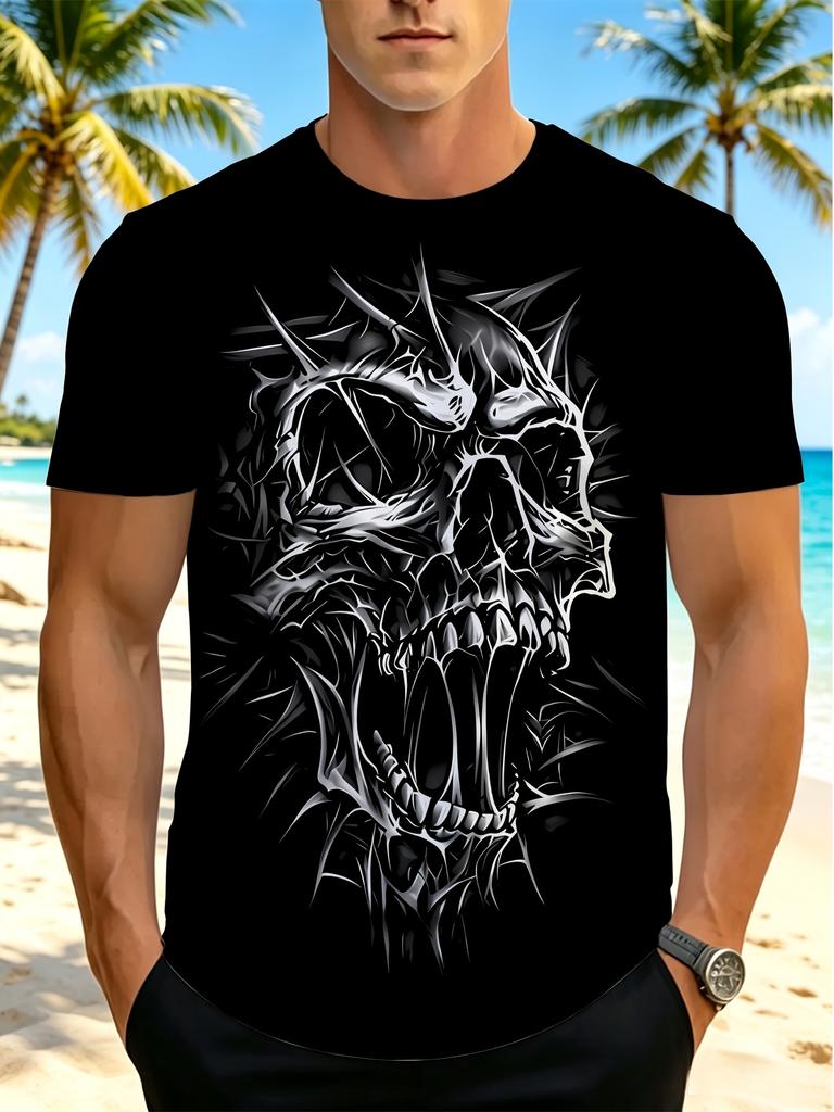 [Printed Design – Not Textured] Men's Edgy Skull Print T-Shirt | Black Crew Neck Top, Machine Washable, Casual Wear, Versatile Style for Daily