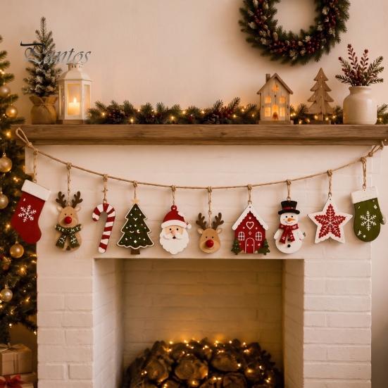 Holiday Party Wall Decor Vintage Christmas Hanging Bunting Garland, 2D Flat Wooden Snowman Elk Stocking Festive Window Showcase Ornaments Tree