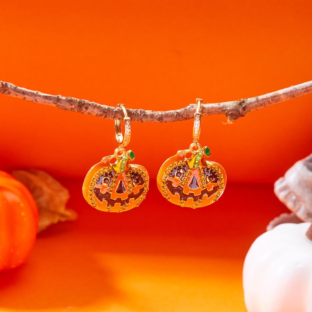 Halloween Trendy  Pumpkin Dangle Earrings for Women Vintage Enamel Rhinestone Metal Earrings Party Jewelry Accessory Gifts