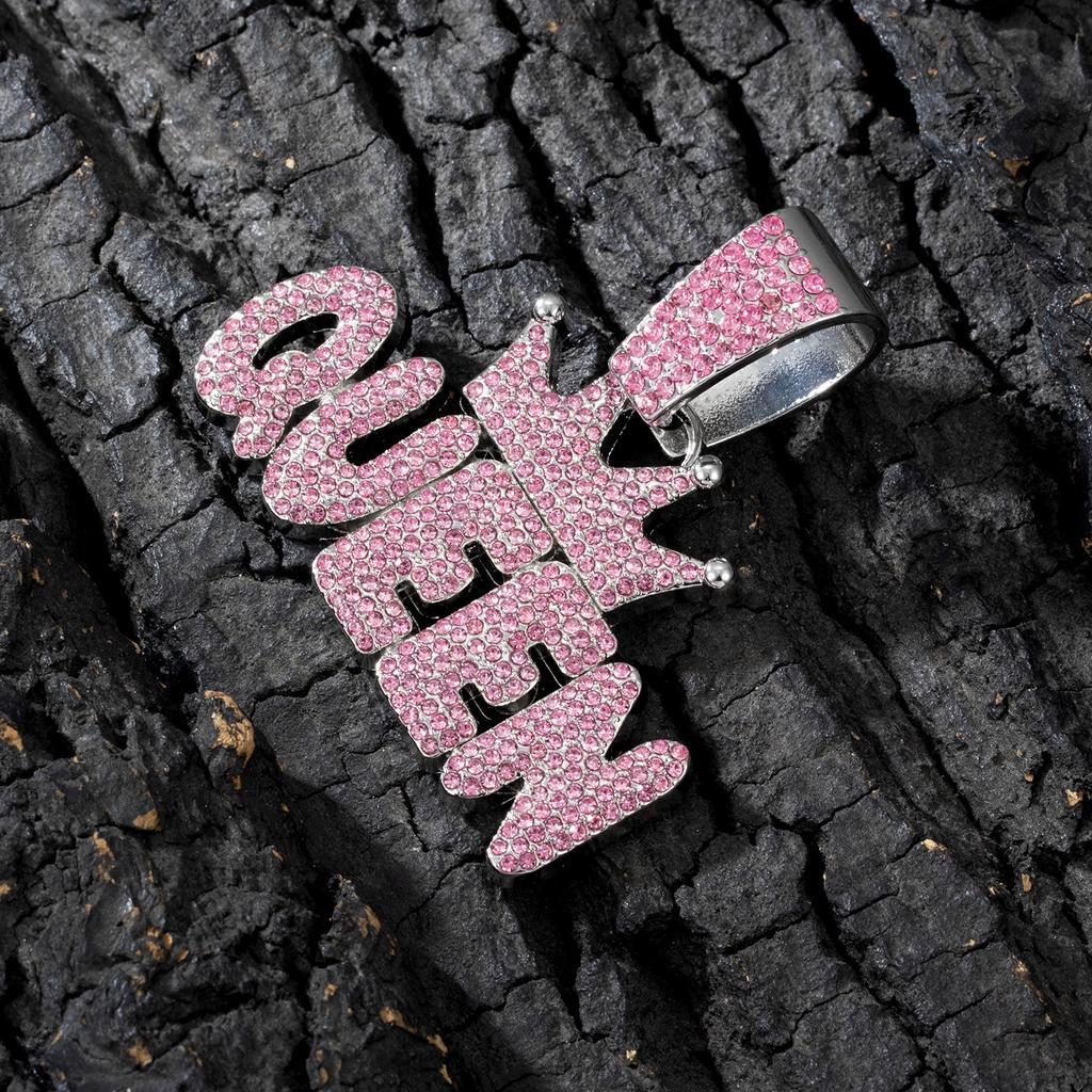 Couronne Rose Diamant pour Femme, Pendentif Lettre QUEEN, Collier Cubain Diamant Long Hip Hop Accessoire Féminin