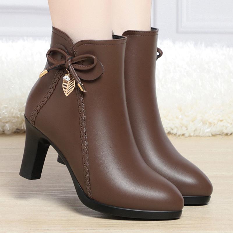 Μπότες με Ψηλό Τακούνι από Βελούδο Πλούσιο Φθινόπωρο Χειμώνας Νέα Γυναικεία Βαμβακερά Παπούτσια Φερμουάρ Μαύρο Αδιάβροχο Χοντρό Τακούνι Μονό Κοντό Παπούτσι