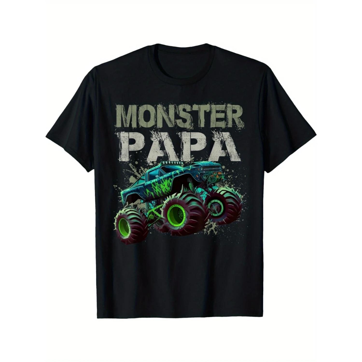 Unisex Monster Truck T-shirt - Bold MONSTER PAPA Print Paired with Vintage Truck Pattern, Loose Casual T-shirt S чёрный