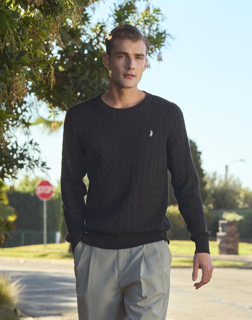 USPOLOASSN Cotton Long Sleeve Cable Round Knit_Black