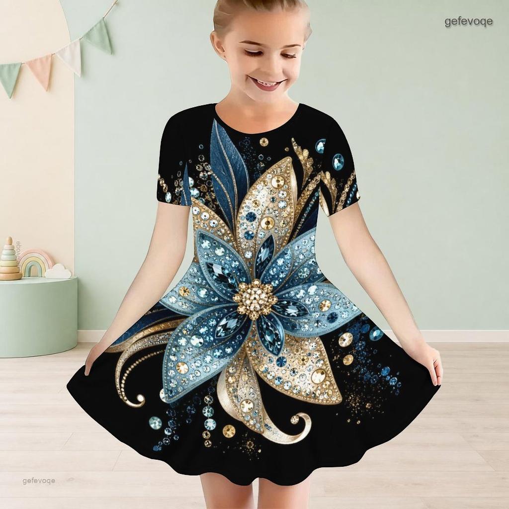 Girls Round Neck Short Sleeve A Line Flared Hem Printed Dress