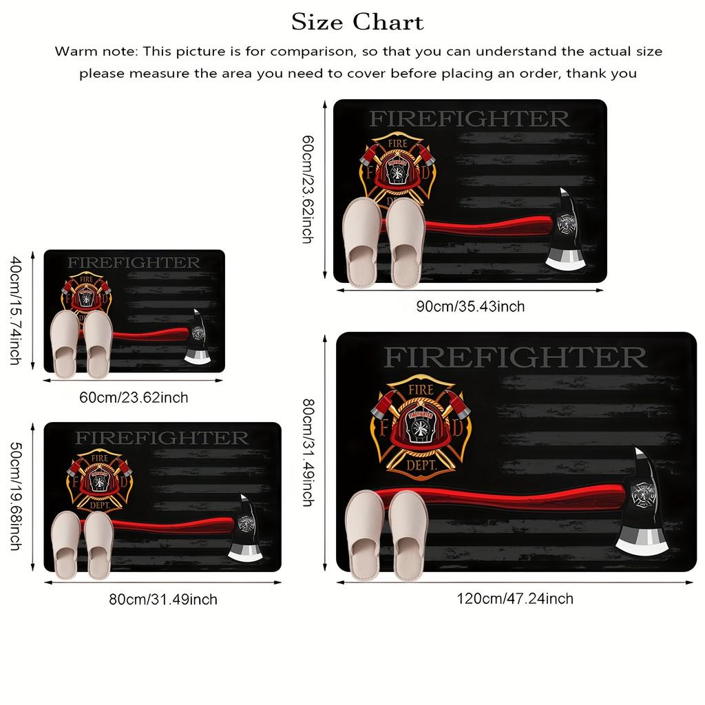 Firefighter Doormat Black Wood Grain Flannel Rug, Fire Department Emblem Non-Slip Machine Washable Door Carpet for Decor