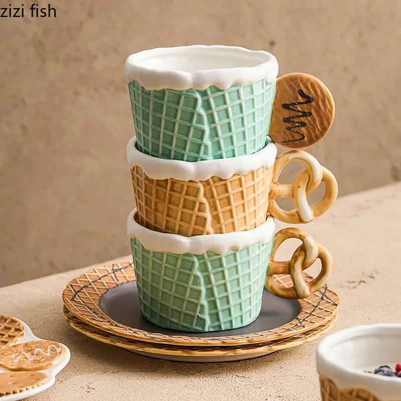 Cookie Handle Ceramic Mug Cookie Plate Creative Breakfast Cup Coffee Cup Milk Cup Beverage Cups Household Water Cups Teacup