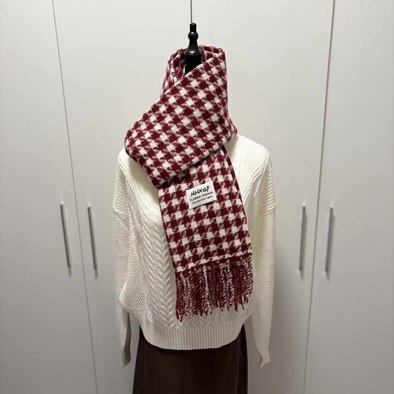 Women's Red Plaid Cashmere-Like Scarf Shawl - Warm, Versatile, Fashionable for Autumn and Winter