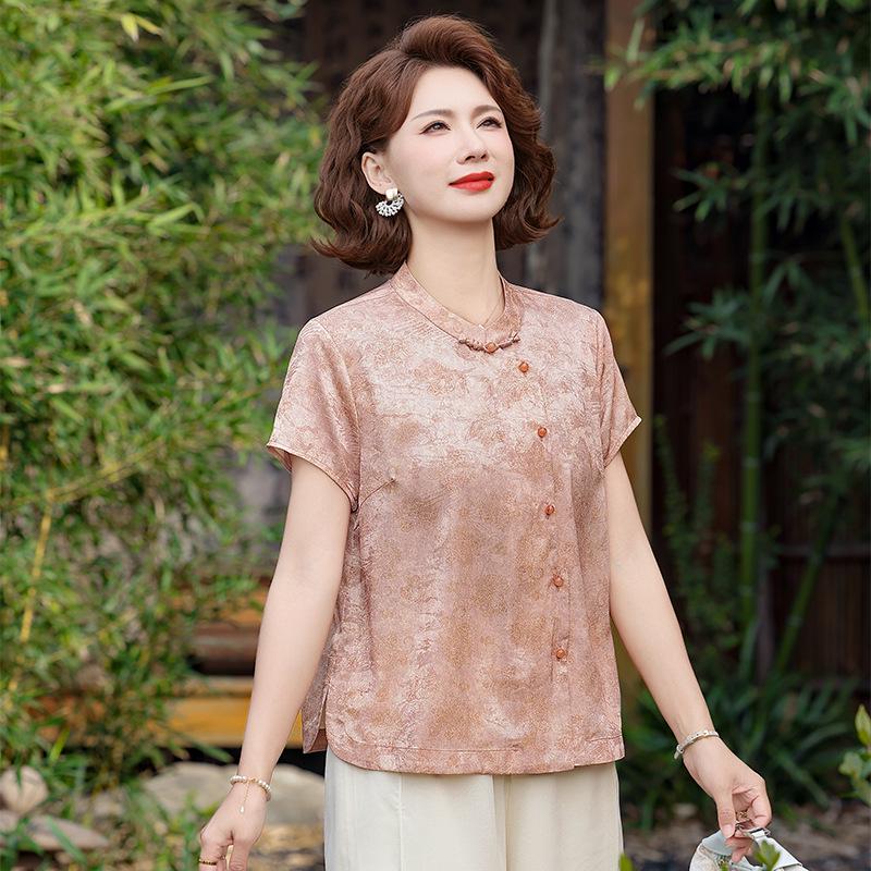 2026 New Style Chinese Stand Collar Top: Fashionable Printed Frog Button Shirt for Middle-Aged & Elderly Women