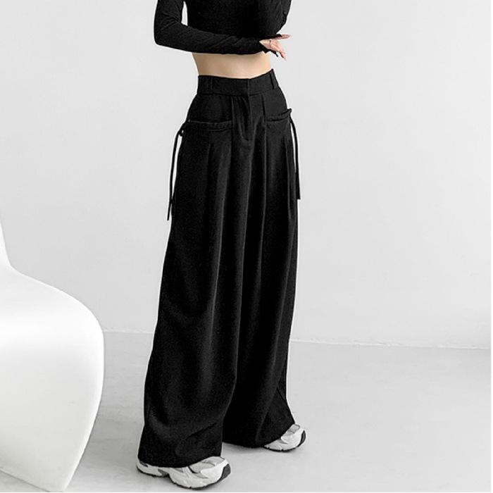 Vintage Style High-waisted Drape Trousers Women Design Sense Side Lacing Fluttering Casual Straight Wide Leg Pants