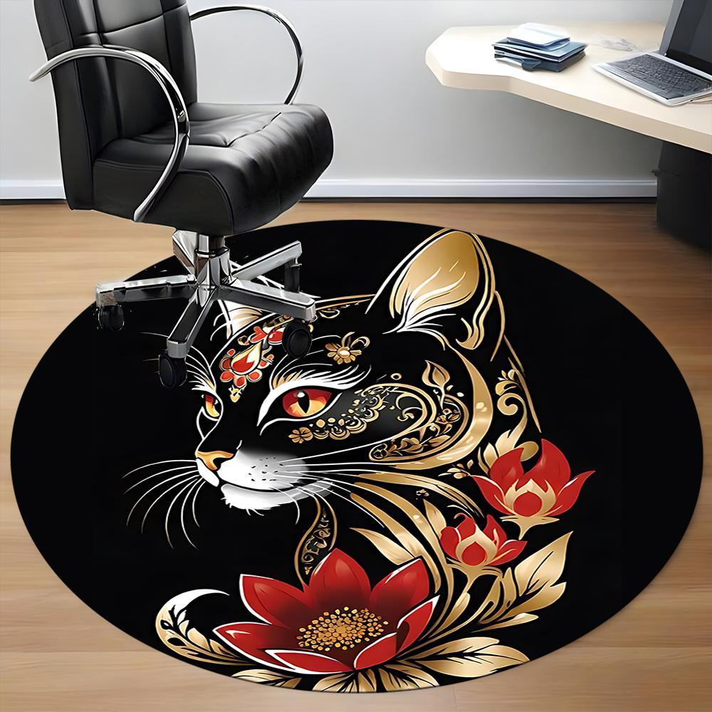 1pc Cat Flowers Office Round Area Rug, Indoor Mat Suitable ForOffice, Under Office Chairs Bedroom Living Room Home Decor, Room Deco 011