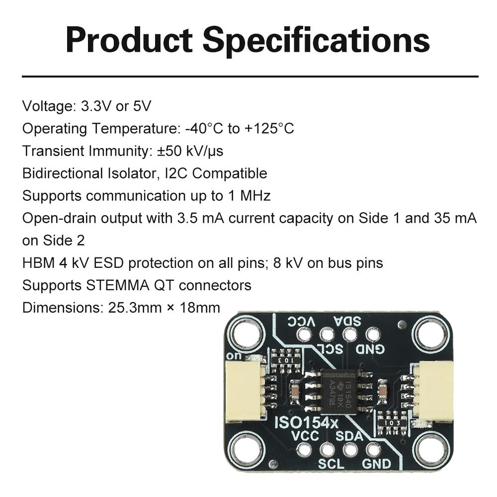 ISO1540 bidirectional I2C isolator Qwiic Board 2500 V-RMS Isolator Support Operation Up To 1 MHz with 8-pin Pin Header