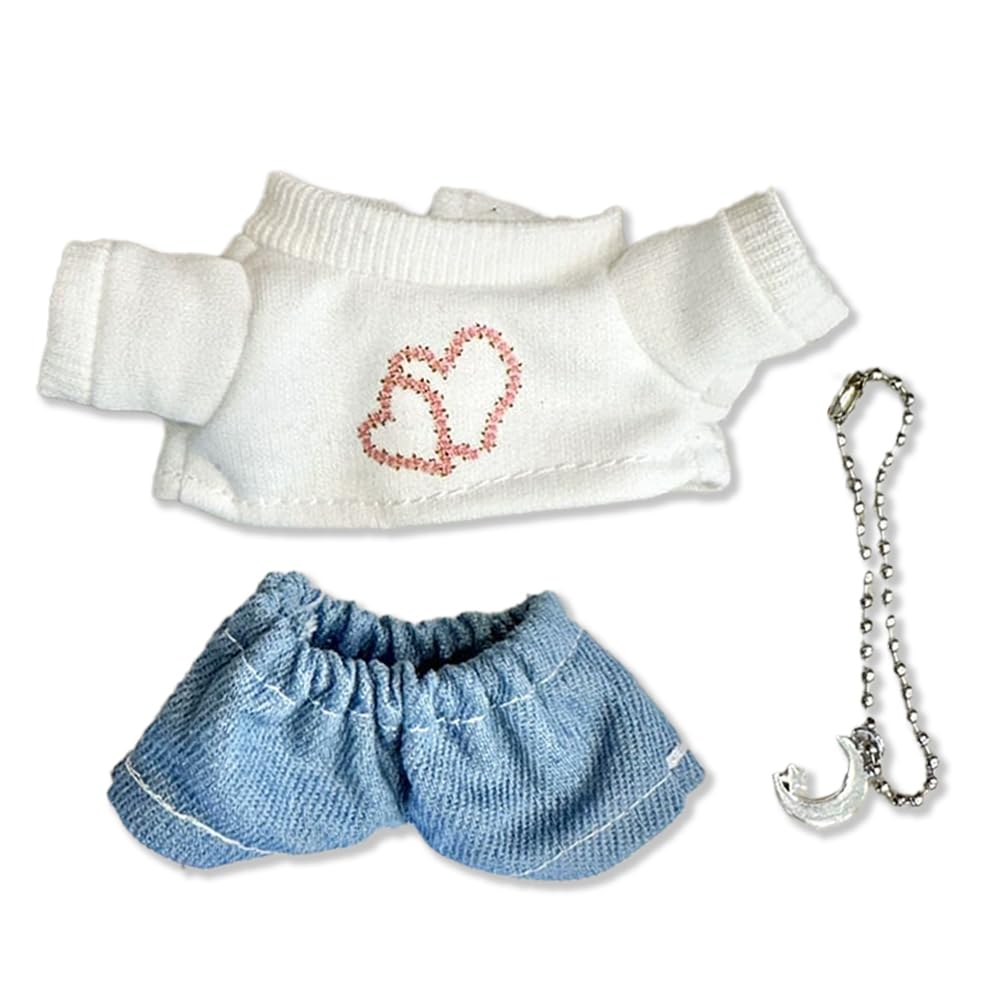

Heart T-shirt, Pants, and Necklace Set for 10cm Doll, White, Plush Toy, Kigurumi, Accessories, Otaku, Doll, Mascot, Kpopdoll Costume [Used]