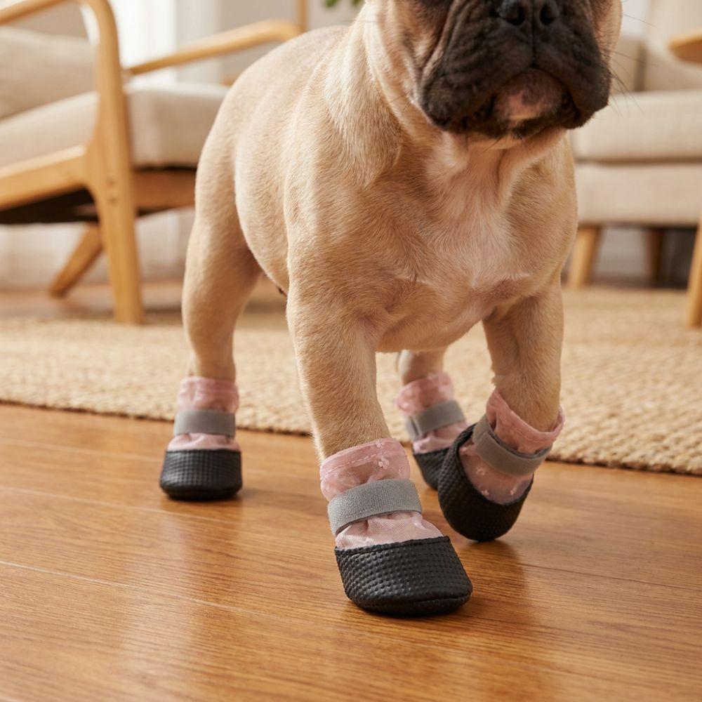 4Pcs Breathable Dog Mesh Shoes Non-Slip Wear Resistant Puppy Net Boots Soft Sole Adjustable Strap Foot Covers for Dogs